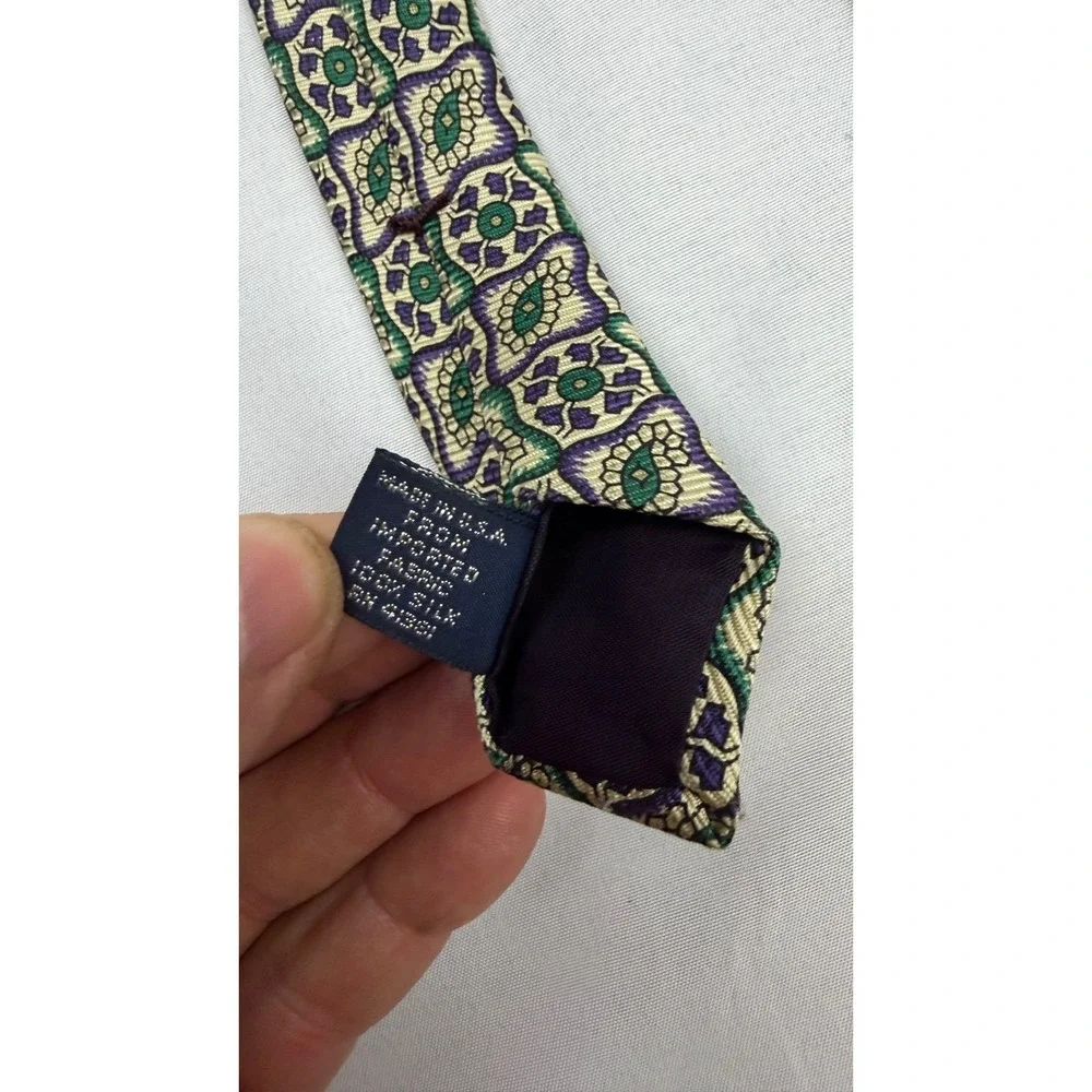 Polo‎ Ralph Lauren Necktie Mens 60x3.5 Green Purple Geometric Medallion Silk USA